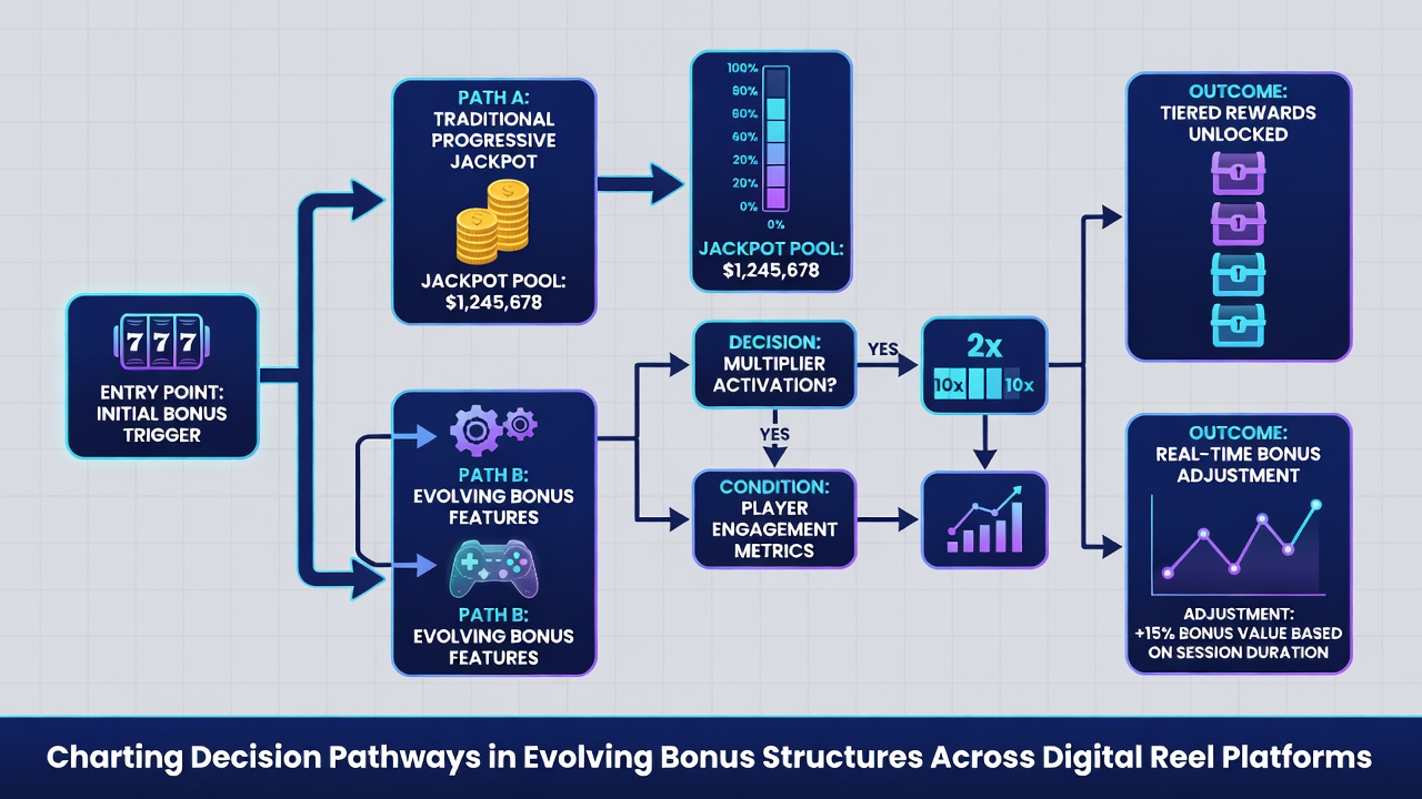 Interactive bonus screen showing branching decision options and evolving reward pathways on a digital slot platform