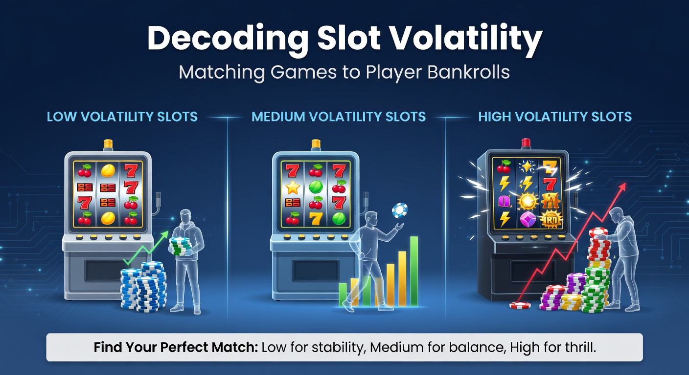 Graph illustrating low, medium, and high slot volatility curves with payout distribution over spins