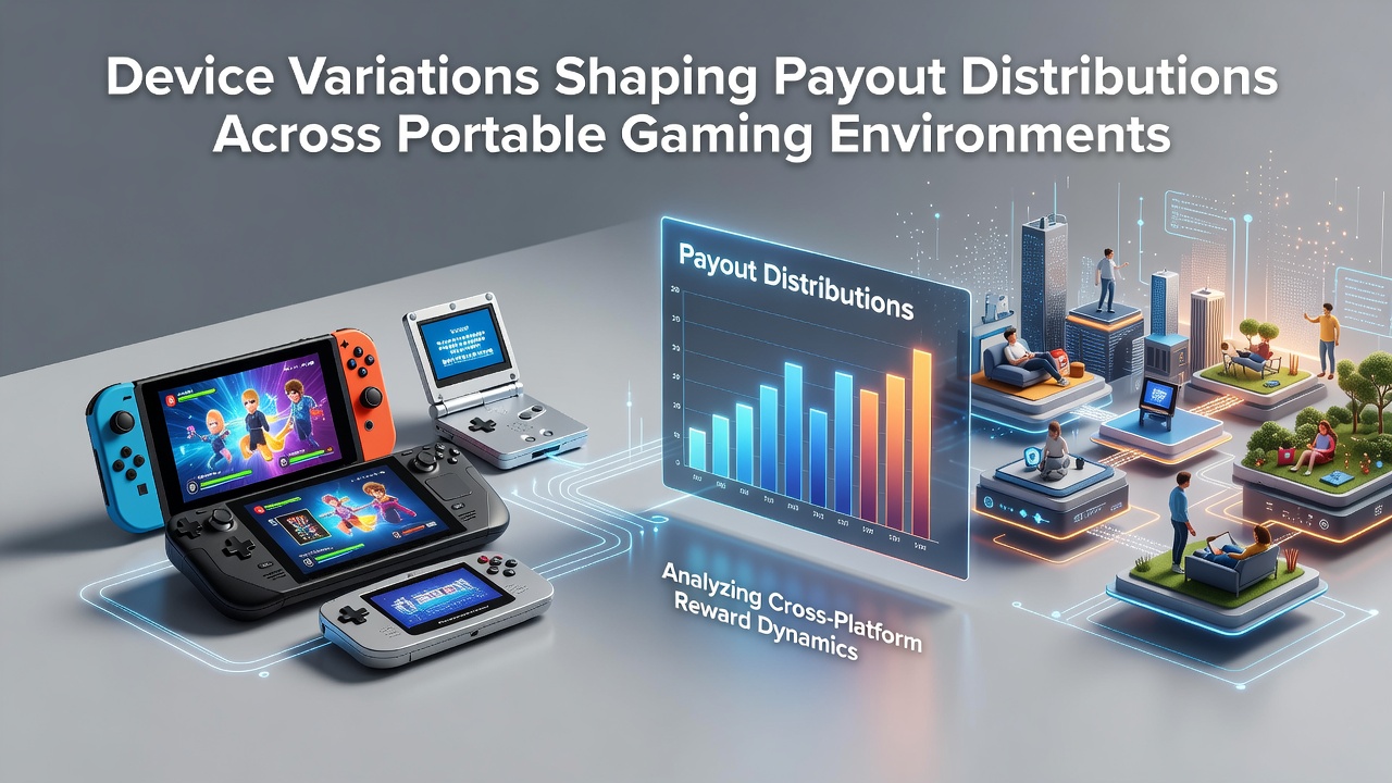 Illustration showing various portable gaming devices including smartphones and tablets with slot game interfaces displaying different payout distributions
