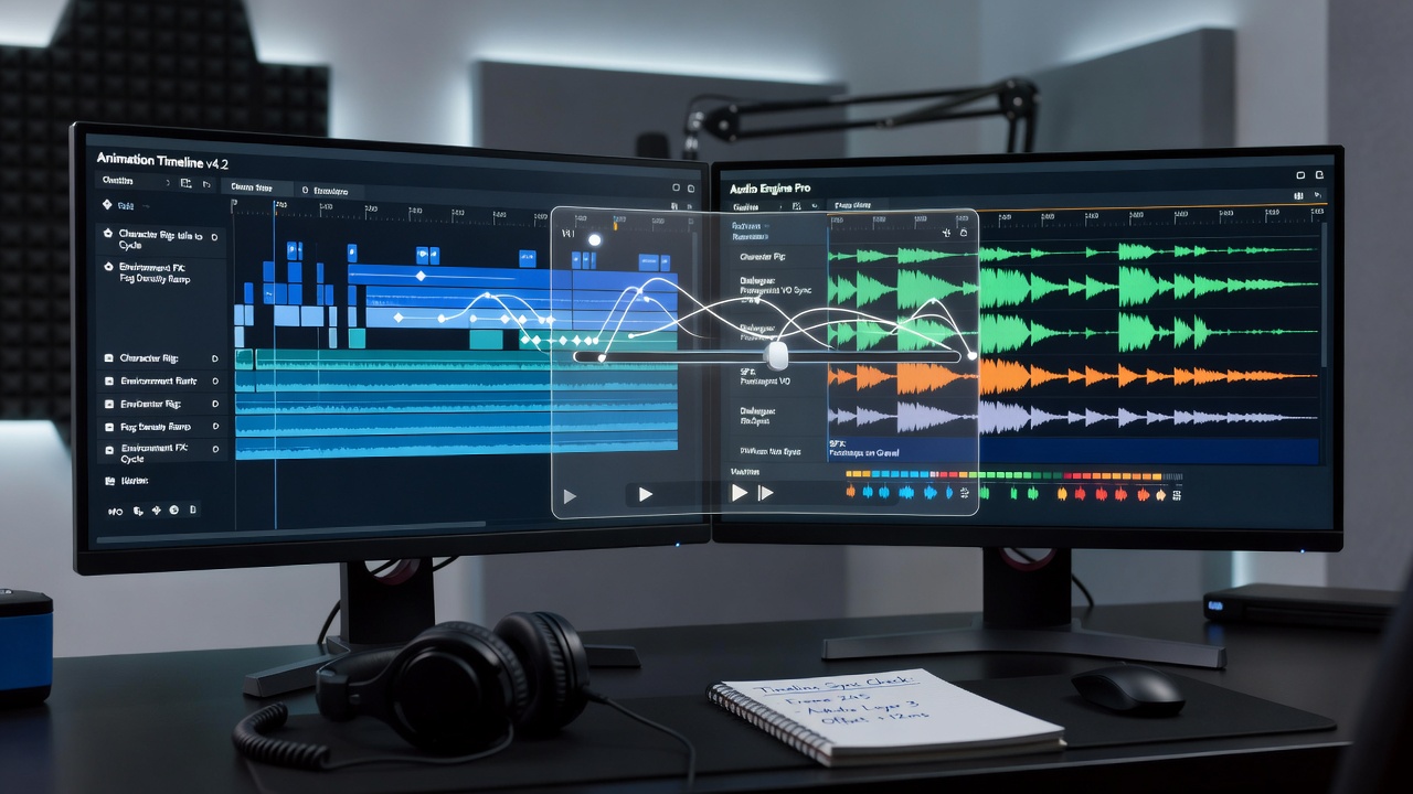 Detailed view of synchronized animation timelines and layered audio tracks in a licensed slot interface showing reel spin sequences and sound wave overlays