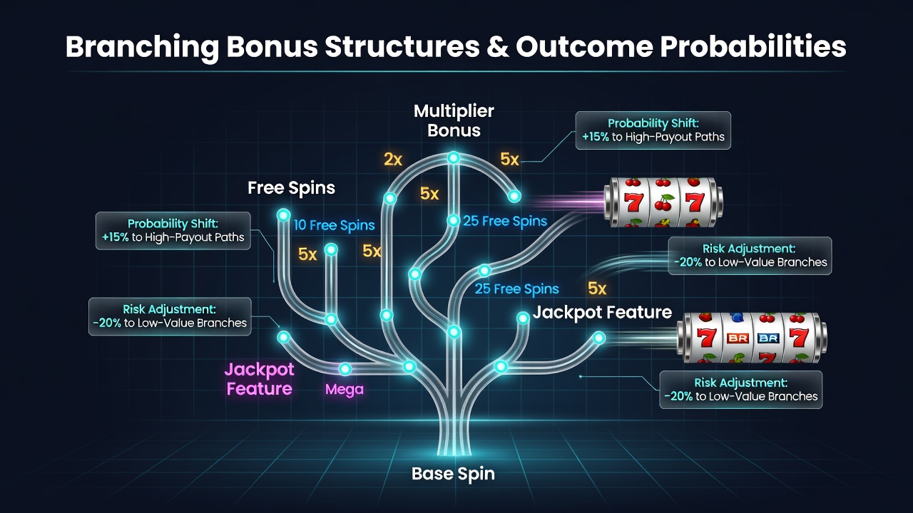 Diagram showing branching bonus paths in interactive reel games with probability trees