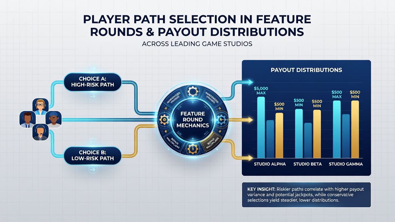 Chart comparing payout distribution curves for different path selections in leading studio slot titles